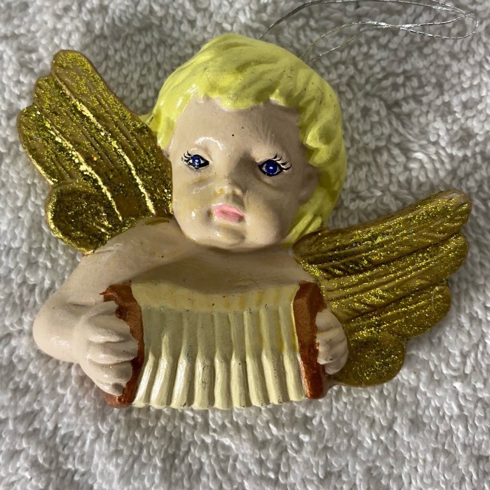 Vintage Hand Painted Angel Cherub W Accordion Ceramic Christmas Ornament